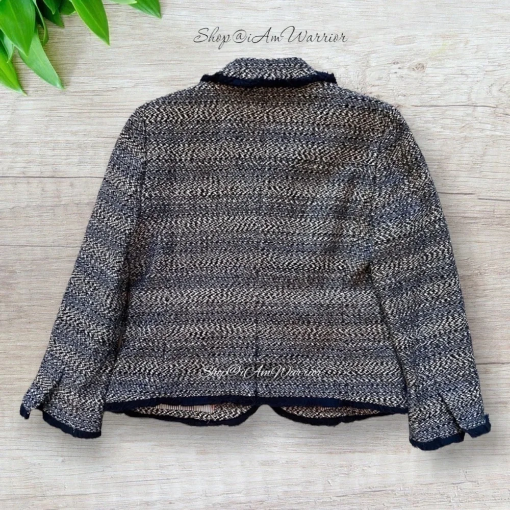 J.Crew NWT striped navy fringe tweed 2 gold button lady jacket *shop@iamwarrior